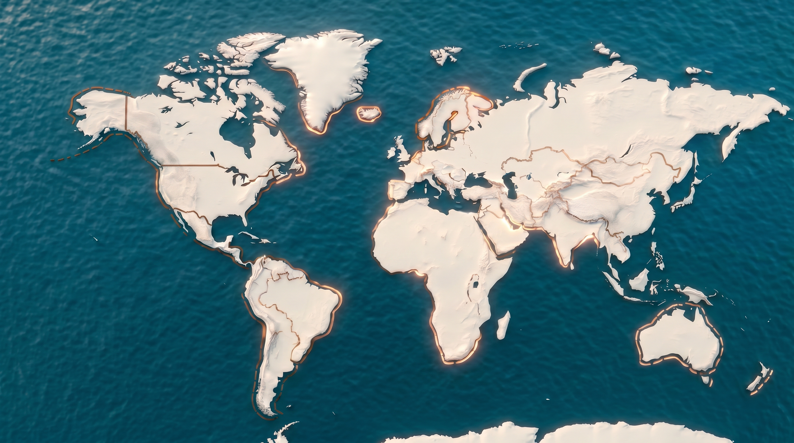 A relief map of the world surrounded by water